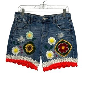 Upcycled Mossimo Boyfriend Midi Denim Shorts Boho Crochet Hippie Festival - 2/26